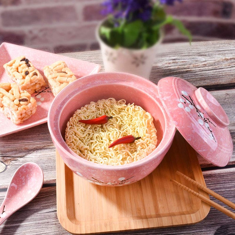 Whitenesser Ceramic Ramen Bowls with lids Japanese Big Porcelain Instant Noodle Bowl with Lid for Soup Rice and Porridge Pink - Image 2
